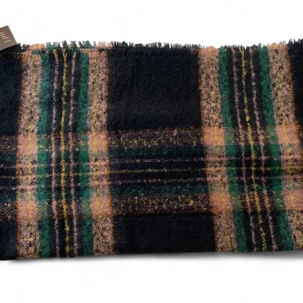 NWT J. Jill Navy Multi Plaid Scarf | Blue Green Pink Tartan Fringed Wrap